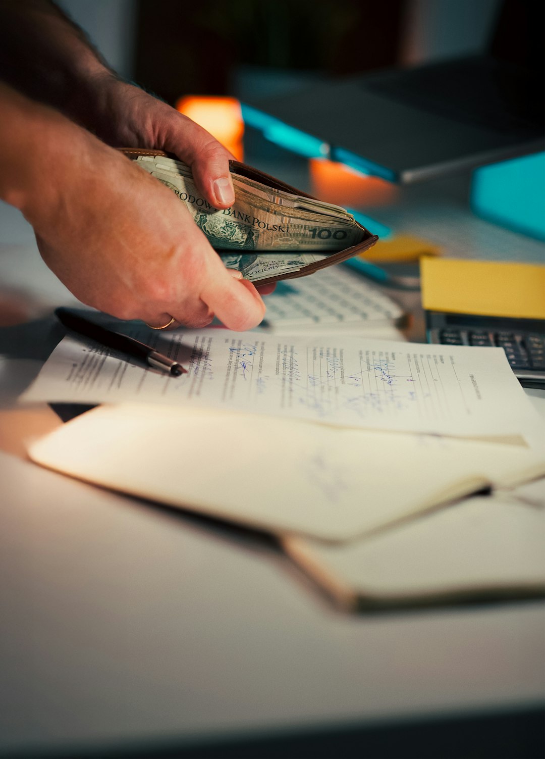 Hand wallet Polish money business documents Close-up hands holding wallet full Polish currency